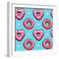 Seamless Pattern. Pink Heart Donuts on a Blue Background. Textile Composition, Hand Drawn Style Pri-null-Framed Art Print