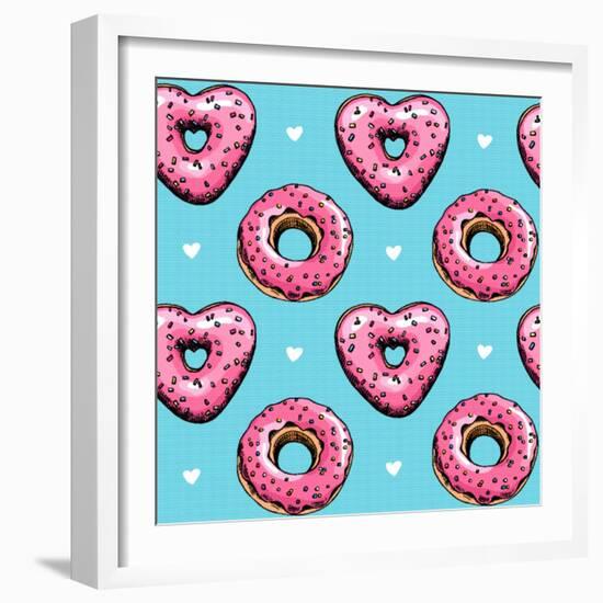 Seamless Pattern. Pink Heart Donuts on a Blue Background. Textile Composition, Hand Drawn Style Pri-null-Framed Art Print