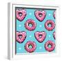 Seamless Pattern. Pink Heart Donuts on a Blue Background. Textile Composition, Hand Drawn Style Pri-null-Framed Art Print