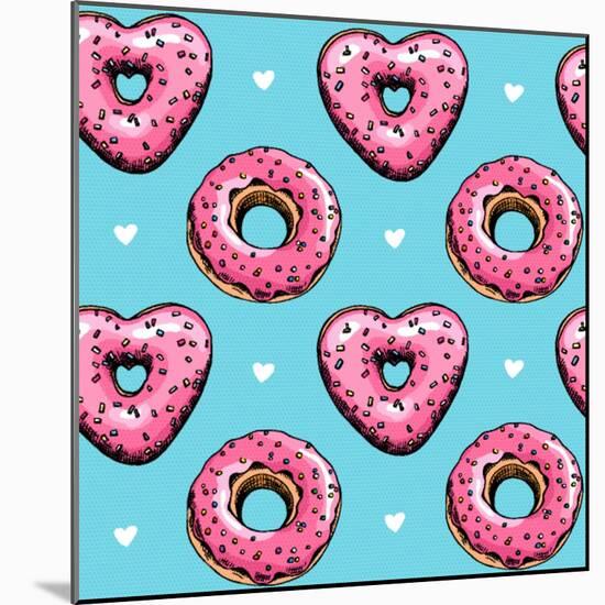 Seamless Pattern. Pink Heart Donuts on a Blue Background. Textile Composition, Hand Drawn Style Pri-null-Mounted Art Print