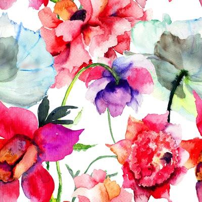 Seamless Pattern with Beautiful Peony Flowers, Watercolor Painting ...