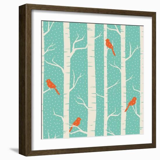 Seamless Pattern with Birches and Birds in Winter.-Iveta Angelova-Framed Art Print