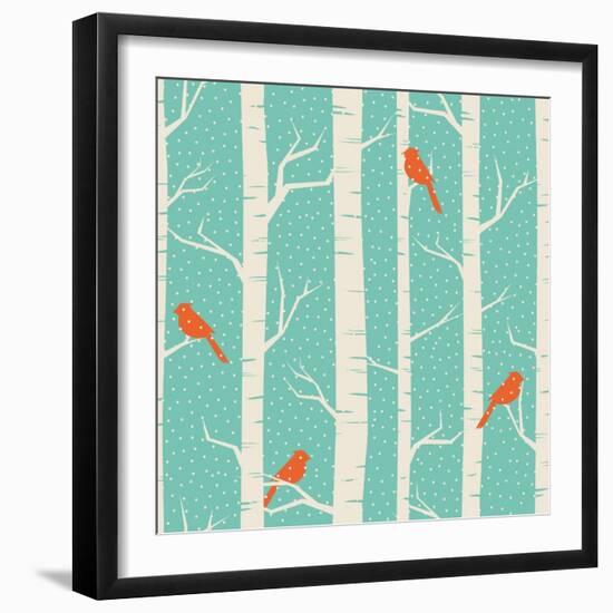 Seamless Pattern with Birches and Birds in Winter.-Iveta Angelova-Framed Art Print