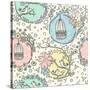 Seamless Pattern with Birdcages, Flowers and Birds.-cherry blossom girl-Stretched Canvas