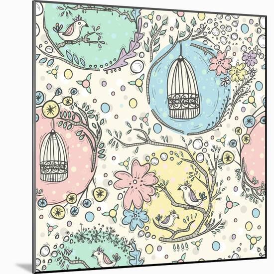 Seamless Pattern with Birdcages, Flowers and Birds.-cherry blossom girl-Mounted Art Print