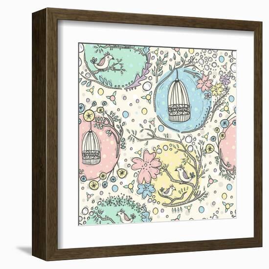 Seamless Pattern with Birdcages, Flowers and Birds.-cherry blossom girl-Framed Art Print