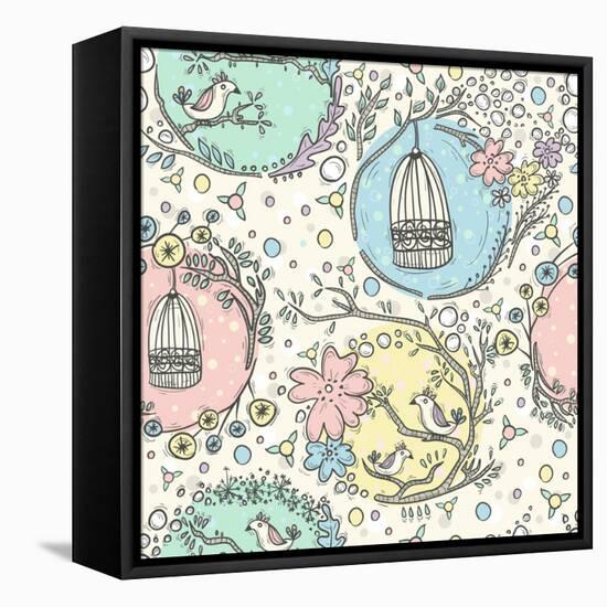 Seamless Pattern with Birdcages, Flowers and Birds.-cherry blossom girl-Framed Stretched Canvas