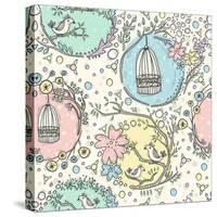 Seamless Pattern with Birdcages, Flowers and Birds.-cherry blossom girl-Stretched Canvas