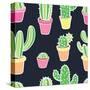 Seamless Pattern with Cactus. Pattern of Cactus. Cacti in Pots. Vector Background. Cute Cartoon Cac-Asya Bikmaeva-Stretched Canvas