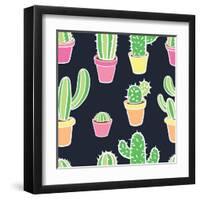 Seamless Pattern with Cactus. Pattern of Cactus. Cacti in Pots. Vector Background. Cute Cartoon Cac-Asya Bikmaeva-Framed Art Print