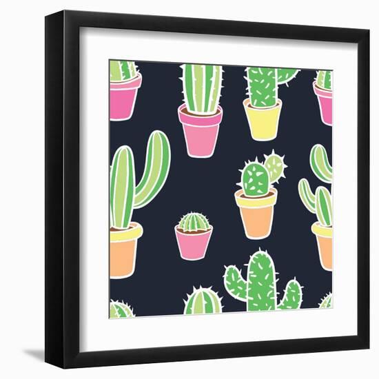 Seamless Pattern with Cactus. Pattern of Cactus. Cacti in Pots. Vector Background. Cute Cartoon Cac-Asya Bikmaeva-Framed Art Print