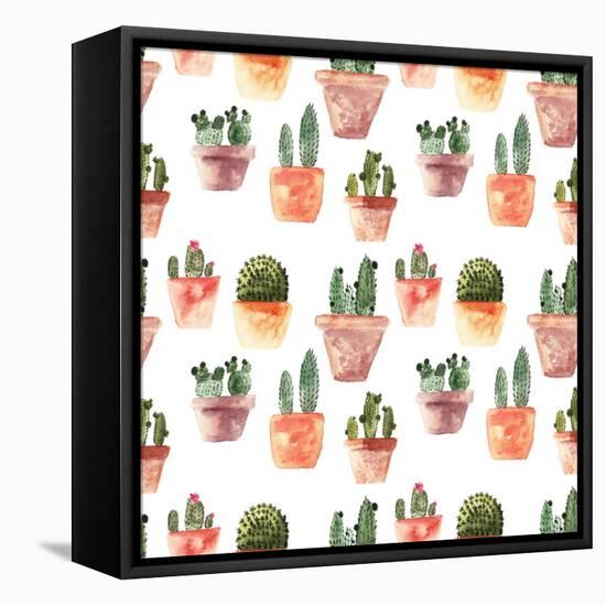 Seamless Pattern with Cactus. Watercolor Illustration. Cactus in a Pot. Isolated Objects. Green, Br-Samburova Maria-Framed Stretched Canvas