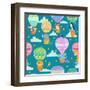 Seamless Pattern with Colorful Hot Air Balloons and Animals. Vector Illustration.-oreshcka-Framed Art Print