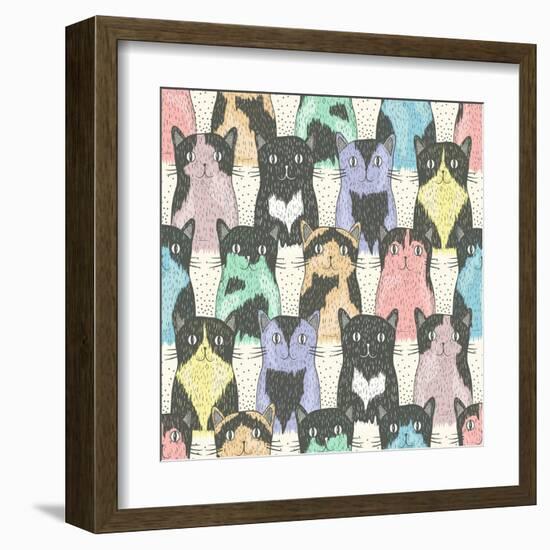 Seamless Pattern With Cute Cats For Children-cherry blossom girl-Framed Art Print