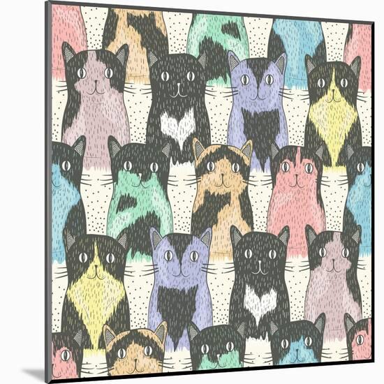 Seamless Pattern With Cute Cats For Children-cherry blossom girl-Mounted Art Print