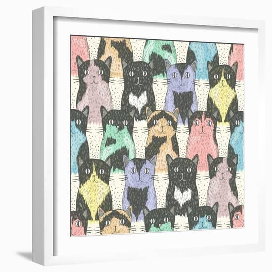 Seamless Pattern With Cute Cats For Children-cherry blossom girl-Framed Art Print