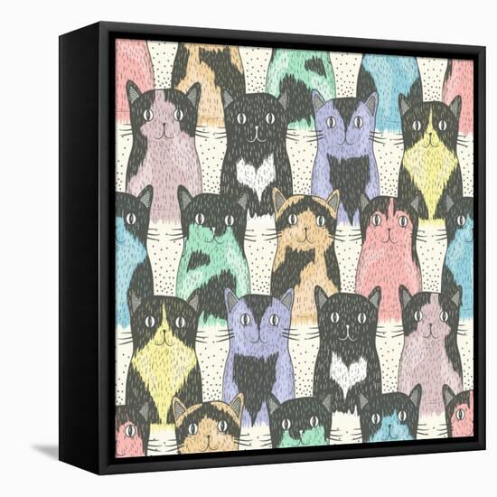 Seamless Pattern With Cute Cats For Children-cherry blossom girl-Framed Stretched Canvas