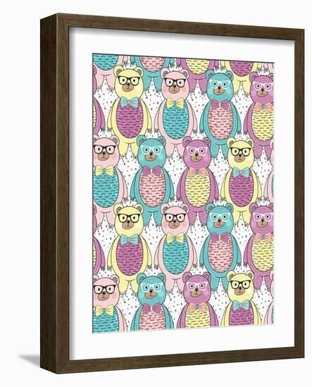 Seamless Pattern with Cute Hipster Bears for Children or Kids.-cherry blossom girl-Framed Art Print