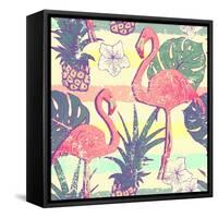 Seamless Pattern with Flamingo Birds and Pineapples-julia_blnk-Framed Stretched Canvas