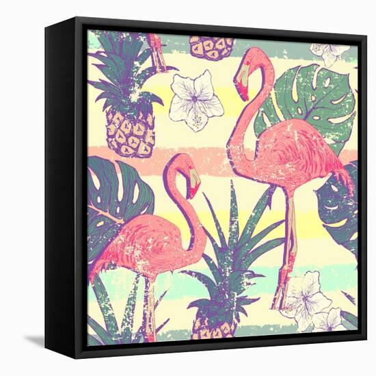 Seamless Pattern with Flamingo Birds and Pineapples-julia_blnk-Framed Stretched Canvas