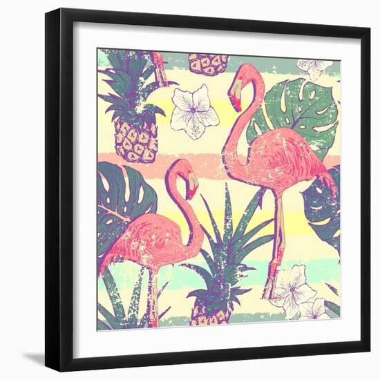 Seamless Pattern with Flamingo Birds and Pineapples-julia_blnk-Framed Art Print