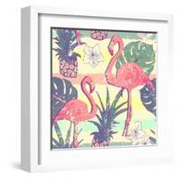 Seamless Pattern with Flamingo Birds and Pineapples-julia_blnk-Framed Art Print