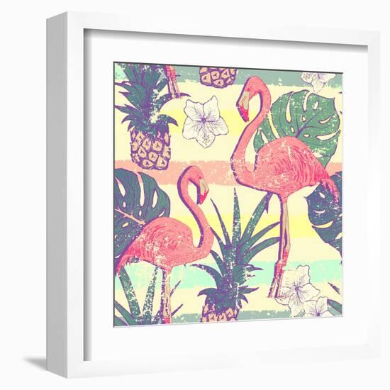 Seamless Pattern with Flamingo Birds and Pineapples-julia_blnk-Framed Art Print