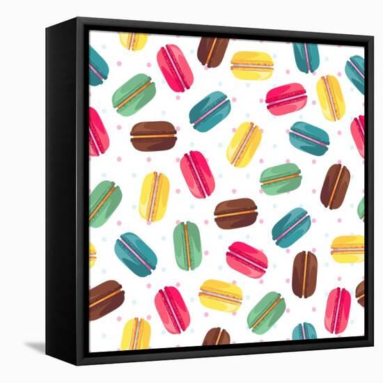 Seamless Pattern with French Sweet Macaroons. Cute Donuts Isolated on White Background. Delicious D-Kannaa-Framed Stretched Canvas