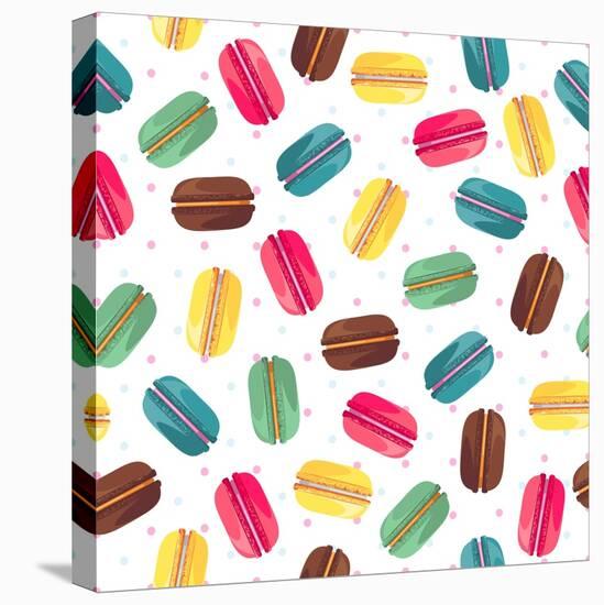 Seamless Pattern with French Sweet Macaroons. Cute Donuts Isolated on White Background. Delicious D-Kannaa-Stretched Canvas