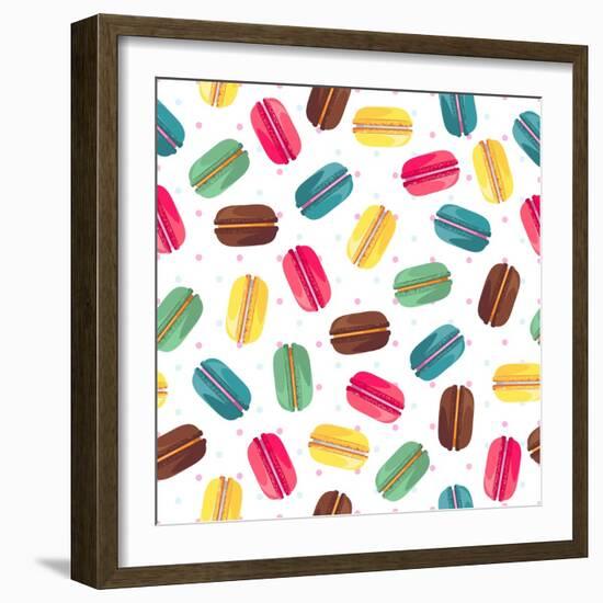 Seamless Pattern with French Sweet Macaroons. Cute Donuts Isolated on White Background. Delicious D-Kannaa-Framed Art Print