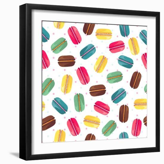 Seamless Pattern with French Sweet Macaroons. Cute Donuts Isolated on White Background. Delicious D-Kannaa-Framed Art Print