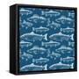 Seamless Pattern with Hand Drawn Fish on Dark Blue Background-Radiocat-Framed Stretched Canvas