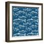 Seamless Pattern with Hand Drawn Fish on Dark Blue Background-Radiocat-Framed Art Print