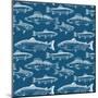 Seamless Pattern with Hand Drawn Fish on Dark Blue Background-Radiocat-Mounted Art Print