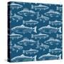 Seamless Pattern with Hand Drawn Fish on Dark Blue Background-Radiocat-Stretched Canvas