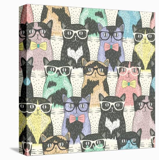 Seamless Pattern with Hipster Cute Cats for Children-cherry blossom girl-Stretched Canvas