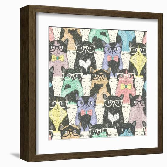 Seamless Pattern with Hipster Cute Cats for Children-cherry blossom girl-Framed Art Print