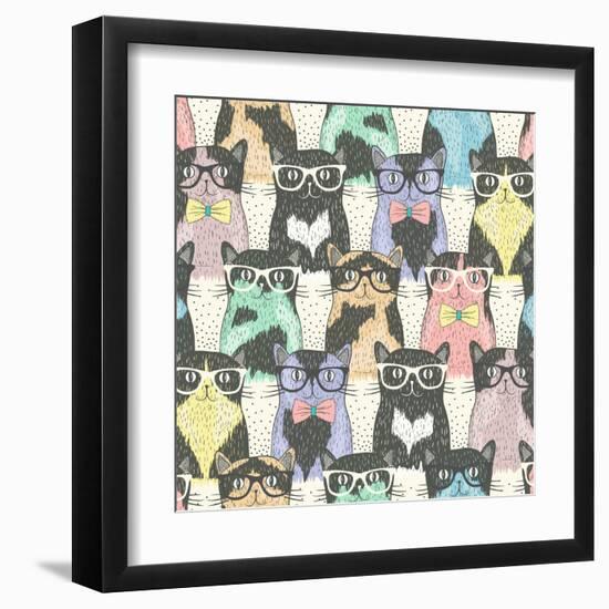 Seamless Pattern with Hipster Cute Cats for Children-cherry blossom girl-Framed Art Print