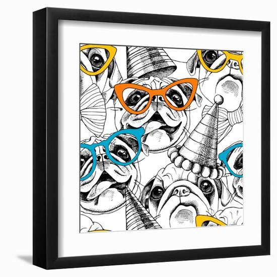 Seamless Pattern with Image of a Pug in Glasses and Party Hat. Vector Illustration.-Afishka-Framed Art Print