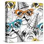 Seamless Pattern with Image of a Pug in Glasses and Party Hat. Vector Illustration.-Afishka-Stretched Canvas