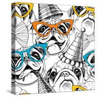 Seamless Pattern with Image of a Pug in Glasses and Party Hat. Vector Illustration.-Afishka-Stretched Canvas