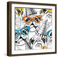 Seamless Pattern with Image of a Pug in Glasses and Party Hat. Vector Illustration.-Afishka-Framed Art Print