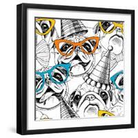 Seamless Pattern with Image of a Pug in Glasses and Party Hat. Vector Illustration.-Afishka-Framed Art Print