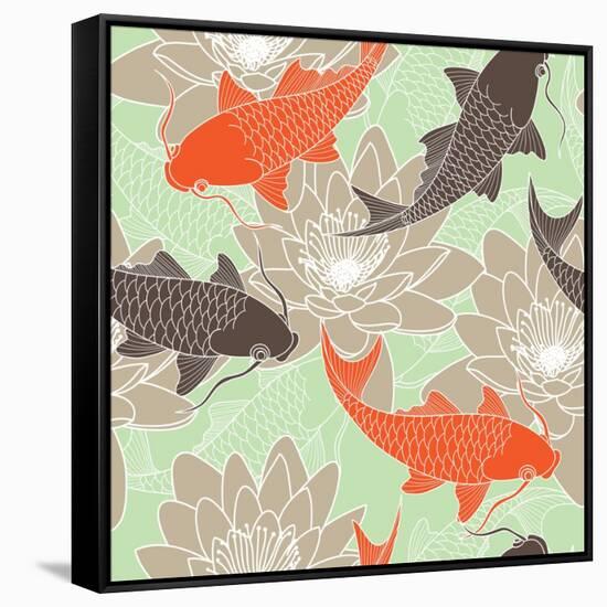 Seamless Pattern with Lotus and Carps-tets-Framed Stretched Canvas