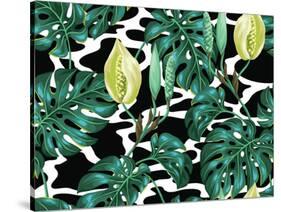 Seamless Pattern with Monstera Leaves. Decorative Image of Tropical Foliage and Flower. Background-incomible-Stretched Canvas