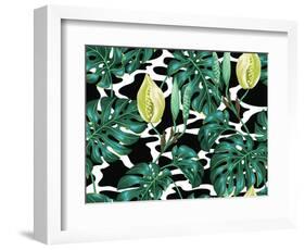 Seamless Pattern with Monstera Leaves. Decorative Image of Tropical Foliage and Flower. Background-incomible-Framed Art Print