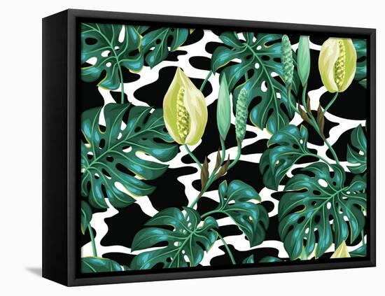 Seamless Pattern with Monstera Leaves. Decorative Image of Tropical Foliage and Flower. Background-incomible-Framed Stretched Canvas