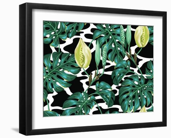 Seamless Pattern with Monstera Leaves. Decorative Image of Tropical Foliage and Flower. Background-incomible-Framed Art Print