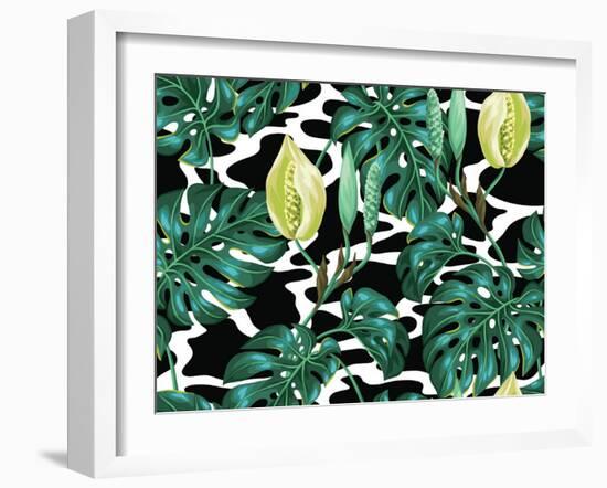 Seamless Pattern with Monstera Leaves. Decorative Image of Tropical Foliage and Flower. Background-incomible-Framed Art Print