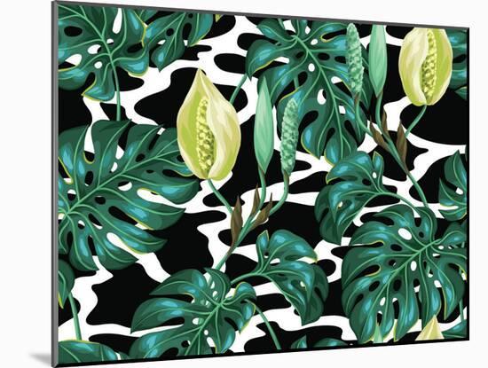 Seamless Pattern with Monstera Leaves. Decorative Image of Tropical Foliage and Flower. Background-incomible-Mounted Art Print